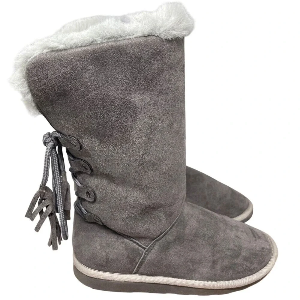 Rampage Boots Girls 4M Gray Faux Suede Soft Plush Fur Lined‎ Tall Fall Winter
